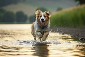 ai generato il cane corre su il acqua. generativo ai foto