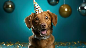 ai generato contento cane indossare un' festa cappello, festeggiare a un' compleanno festa. generativo ai foto