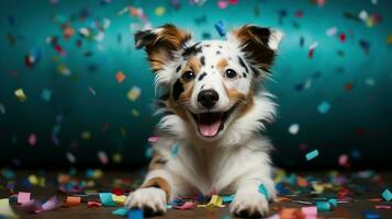 ai generato contento cane indossare un' festa cappello, festeggiare a un' compleanno festa. generativo ai foto