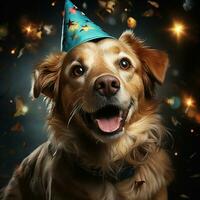 ai generato contento cane indossare un' festa cappello, festeggiare a un' compleanno festa. generativo ai foto