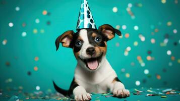 ai generato contento cane indossare un' festa cappello, festeggiare a un' compleanno festa. generativo ai foto