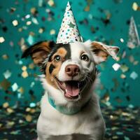 ai generato contento cane indossare un' festa cappello, festeggiare a un' compleanno festa. generativo ai foto