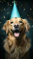 ai generato contento cane indossare un' festa cappello, festeggiare a un' compleanno festa. generativo ai foto