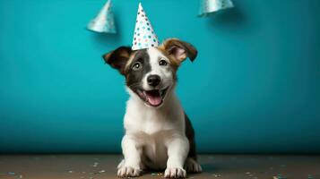 ai generato contento cane indossare un' festa cappello, festeggiare a un' compleanno festa. generativo ai foto