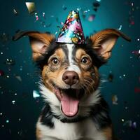 ai generato contento cane indossare un' festa cappello, festeggiare a un' compleanno festa. generativo ai foto