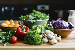 ai generato per cucinando, fresco la verdura, verde insalata, peperoni, funghi, e melanzana. ai generato foto