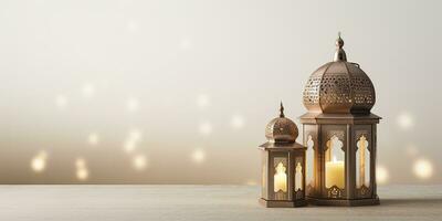 ai generato celebrazione di islamico eid mubarak e eid al adha lanterna nel un' leggero sfondo. foto