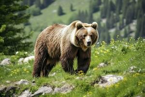 ai generato Marrone orso in movimento su il verde prato nel primavera natura. ai generato foto