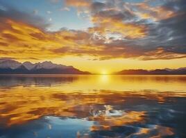 ai generato luminosa tramonto al di sopra di lago d'oro nuvole riflettere nel il acqua. ai generato. foto