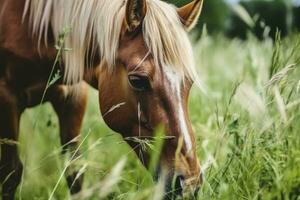 ai generato Marrone cavallo con biondo capelli mangia erba su un' verde prato dettaglio a partire dal il testa. foto