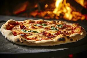 ai generato appena al forno Pizza avvicinamento, tradizionale legna licenziato forno sfondo. ai generato foto