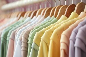 ai generato colorato Abiti su un' capi di abbigliamento cremagliera, pastello colorato guardaroba nel un' shopping memorizzare o Camera da letto, arcobaleno colore Abiti scelta su grucce, casa armadio concetto Immagine. ai generativo foto