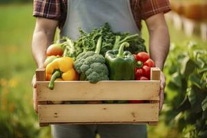 ai generato contadino uomo Tenere di legno scatola pieno di fresco crudo verdure. ai generato foto