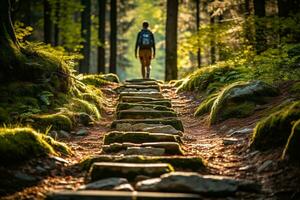 ai generato persona con escursioni a piedi zaino passeggiate attraverso verde foresta con alto alberi con lussureggiante corone lungo escursioni a piedi pista foto