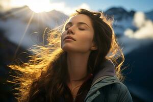 ai generato occhi chiuso donna respira profondamente inalando croccante aria di montagna vertice incarnando senso di chiarezza e elevazione ragazza Meditare foto