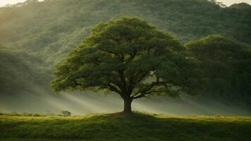 ai generato mestiere un' narrazione di il simbiotico relazioni fra il albero e suo circostante ambiente, sottolineando il ruolo di ogni elemento nel mantenimento ecologico equilibrio. foto