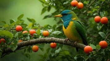 ai generato dipingere un' vivido immagine di un' raro e sfuggente specie di uccello quello Aggiunge un extra strato di incanto per il assoluto verde albero natura sfondo, descrivendo suo unico foto