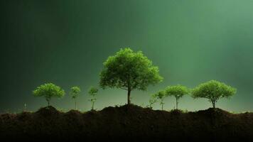ai generato cronaca il ciclo vitale di il verde albero, a partire dal germinazione per scadenza, dettagliare il stadi di crescita, riproduzione, e eventuale senescenza. foto
