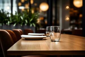 ai generato elegante minimalista tavolo ambientazione nel di lusso ristorante con morbido bokeh sfondo foto