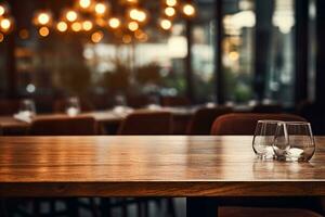 ai generato elegante minimalista tavolo ambientazione nel di lusso ristorante con morbido bokeh sfondo foto