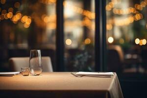 ai generato elegante minimalista tavolo ambientazione nel di lusso ristorante con morbido bokeh sfondo foto