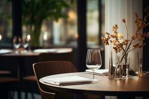 ai generato elegante minimalista tavolo ambientazione nel di lusso ristorante con morbido bokeh sfondo foto