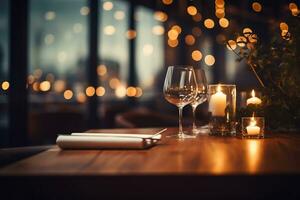 ai generato elegante minimalista tavolo ambientazione nel di lusso ristorante con morbido bokeh sfondo foto