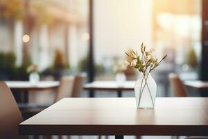 ai generato elegante minimalista tavolo ambientazione nel di lusso ristorante con morbido bokeh sfondo foto