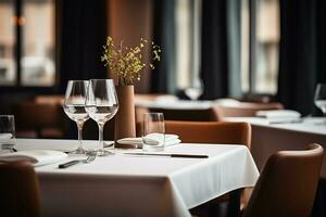 ai generato elegante minimalista tavolo ambientazione nel di lusso ristorante con morbido bokeh sfondo foto