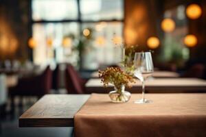 ai generato elegante minimalista tavolo ambientazione nel di lusso ristorante con morbido bokeh sfondo foto