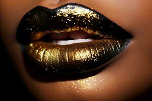 ai generato nero womans labbra con oro luccichio colore rossetto vicino su macro dettaglio, bellezza tiro foto