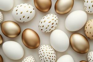 ai generato festivo Pasqua uova con polka puntini nel bianca e oro colori piatto posare modello foto