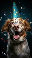 ai generato contento cane indossare un' festa cappello, festeggiare a un' compleanno festa. generativo ai foto