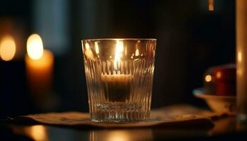 ai generato fiamma si illumina tavolo, bicchiere di whisky, lume di candela, riflessione nel liquido generato di ai foto