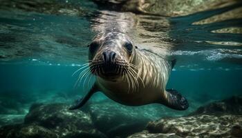 ai generato maestoso mare Leone nuoto sott'acqua, esplorando naturale bellezza e la tranquillità generato di ai foto