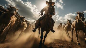 ai generato cowboy principale cavallo mandria nel polveroso terreno ai generato foto
