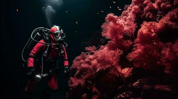 ai generato autorespiratore tuffatore tra rosso corallo barriere ai generato foto