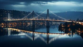 ai generato luminosa città luci riflettere su il acqua, illuminante il famoso ponte generato di ai foto