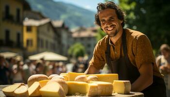 ai generato un' allegro uomo godendo fresco latteria prodotti su un' azienda agricola generato di ai foto