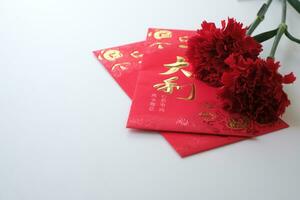 Cinese nuovo anno Festival concetto. rosso garofani su rosso buste isolato su bianca sfondo. Cinese personaggio da ji da li senso grande fortuna grande profitto. foto