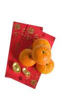 contento nuovo anno Cinese anno di Drago 2024. mandarino arancia e oro lingotti su rosso buste isolato su bianca sfondo. foto