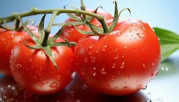 ai generato fresco pomodoro, un' salutare biologico verdura, scintillante con goccia di pioggia rugiada generato di ai foto