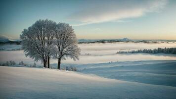 ai generato depict il delicato variazioni nel colore e struttura di neve nel diverso illuminazione condizioni, a partire dal il croccante splendore di mattina per il sereno blu di crepuscolo. foto