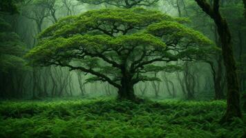 ai generato Esplorare il intricato ecosistema dinamica di un' primordiale verde albero foresta, sottolineando il interdipendenza di flora e fauna. foto