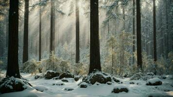 ai generato illustrare il complesso ecosistema di un' inverno foresta, dettagliare il adattamenti di flora e fauna per il duro freddo e scarsità di risorse. foto