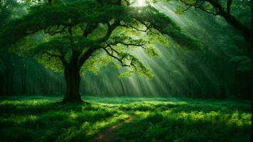 ai generato nel il cuore di il antico Smeraldo foresta, descrivere il interazione di leggero e ombra come esso balli su il le foglie di il assoluto verde albero. foto