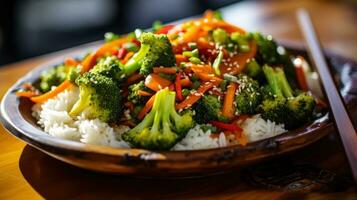 ai generato un' verdura saltato in padella nel un' wok, con broccoli, carote, e campana peperoni foto