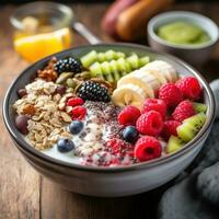 ai generato un' salutare prima colazione ciotola pieno con colorato frutta e cereali foto