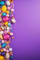 ai generato un' divertimento e festivo Pasqua scena con uova, caramella, e decorazioni su un' luminosa viola. foto