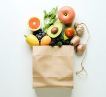 ai generato un' carta Borsa contenente frutta e verdure foto